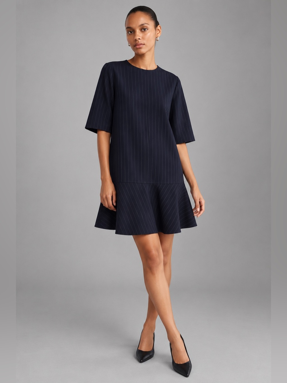 H&M Circle Skirt Shift SS Midi Dress Navy Pinstripe Large NEW Corpcore Office